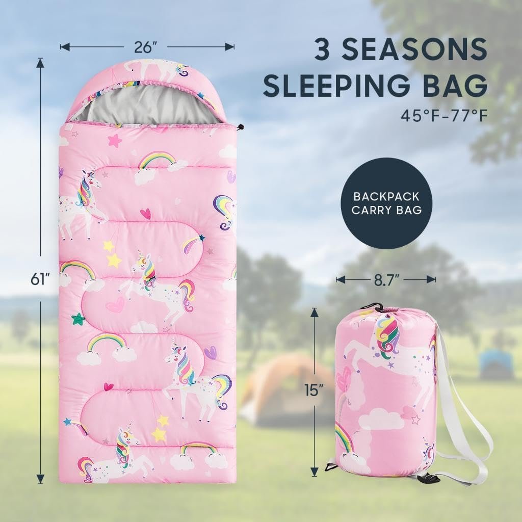 Kids Sleeping Bag for Girls Toddlers, Camping in Warm Cold Weather, Backpacking Lightweight Compact Outdoor Liner for 3 Seasons Summer Spring Fall - Image 2