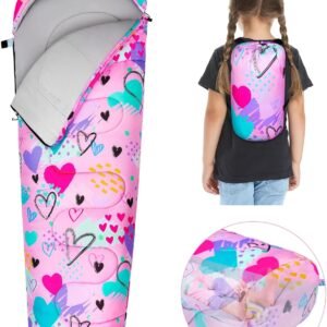Kids Sleeping Bag for Girls Boys 3 Season Warm & Cool Weather Youth Camping Sleeping Bags with Backpacking Bag Waterproof for Traveling Hiking Indoor Outdoor Camping Essentials
