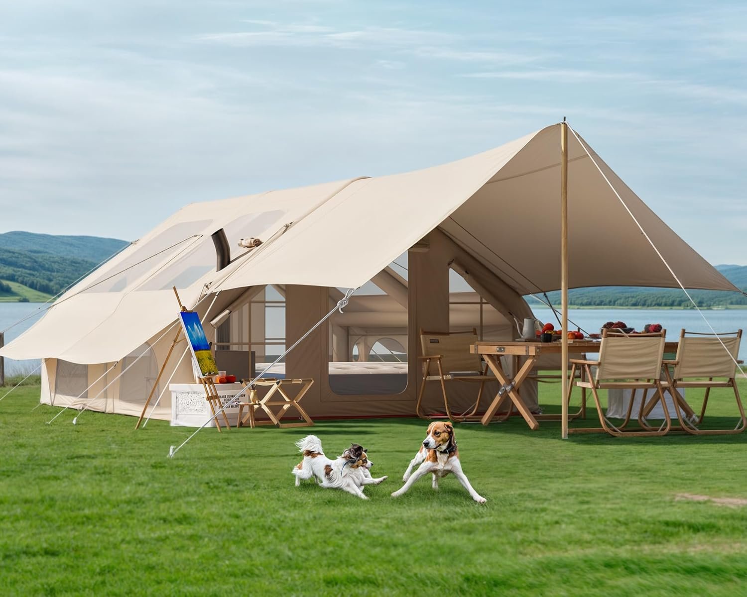 Inflatable Camping Tent with Pump & Awning, 8-14 Person Air Tents for Camping Adult, Large Waterproof Oxford Family Glamping Tent, Quick Setup Big Tent for Outdoor Camping