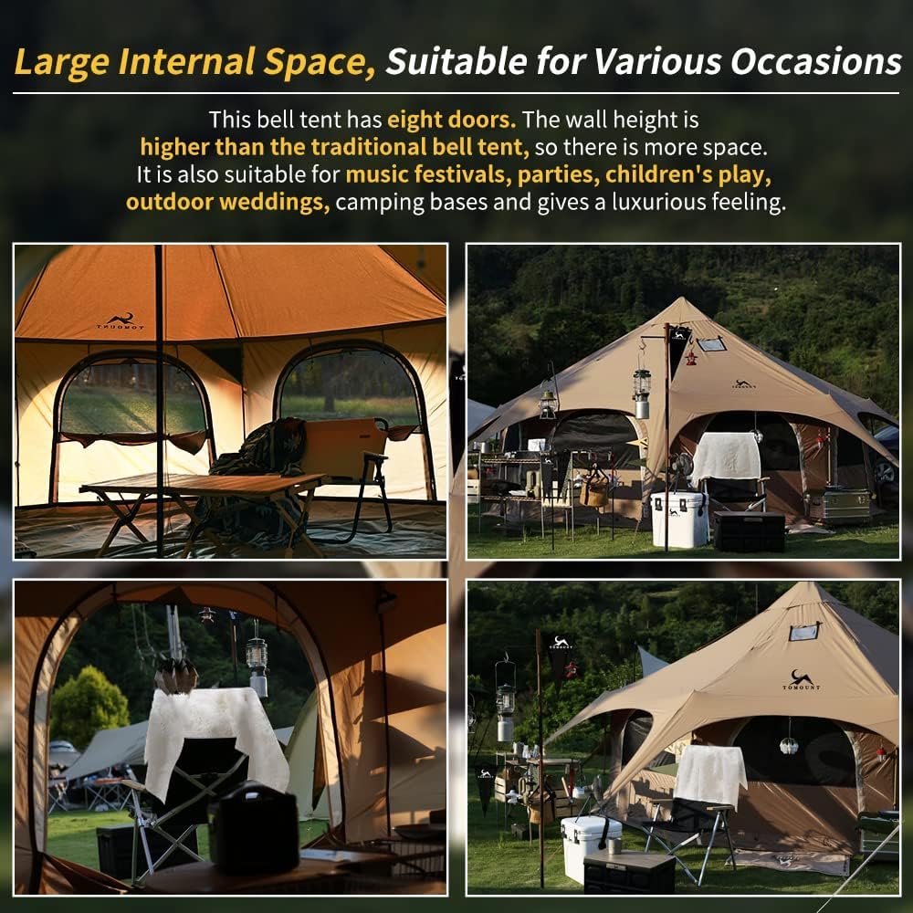 Canvas Tent Bell Tent 16.4ft*High9.2ft with Stove Jack for Glamping Family Camping Zipped Removable Floor - Image 2
