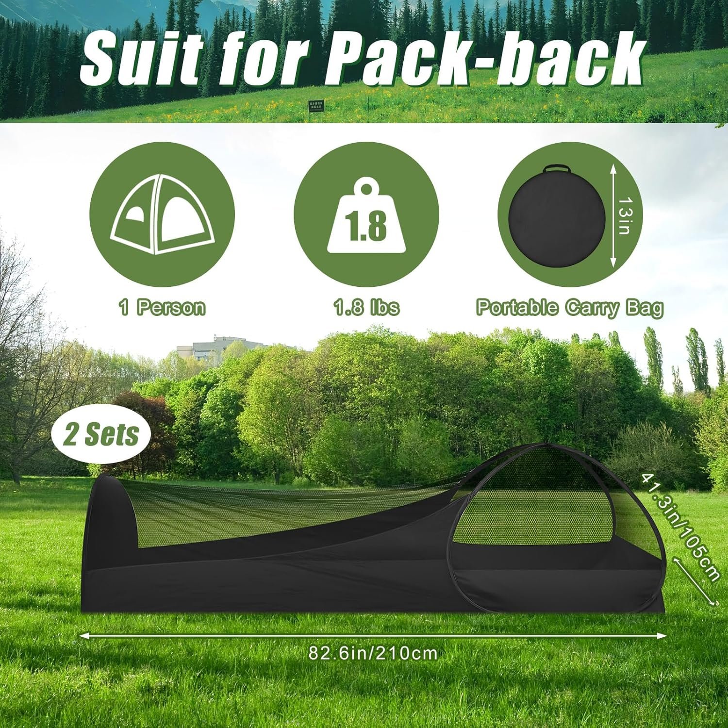 2 Pack 82.6 Inch Single Person Pop up Tent, 1 Person Foldable Mosquito Net Tent with Storage Bag for Outdoor Trips Camping - Image 2